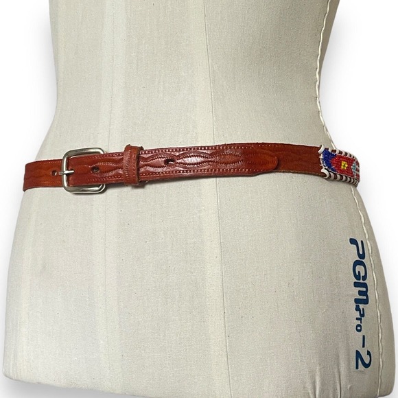 Grand Canyon Beaded Faux Leather Belt Colorful Brown Souvenir Silver Tone Buckle - Picture 4 of 5